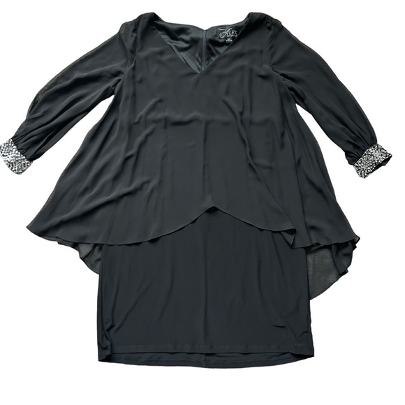 Alex Evenings BLACK JERSEY CHIFONN LONG SLEEVED DRESS WITH BEADED CUFFS size 16W - Picture 7 of 10
